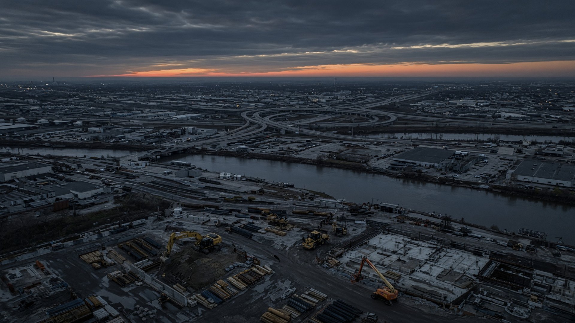 Aerial dusk view of a Midwestern industrial corridor and job sites