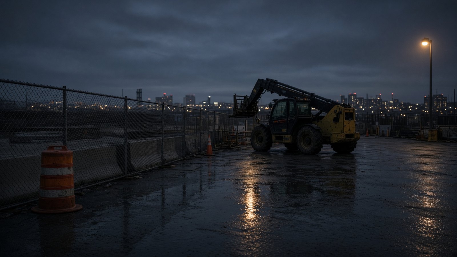 Jobsite at dusk with equipment behind a chain-link fence